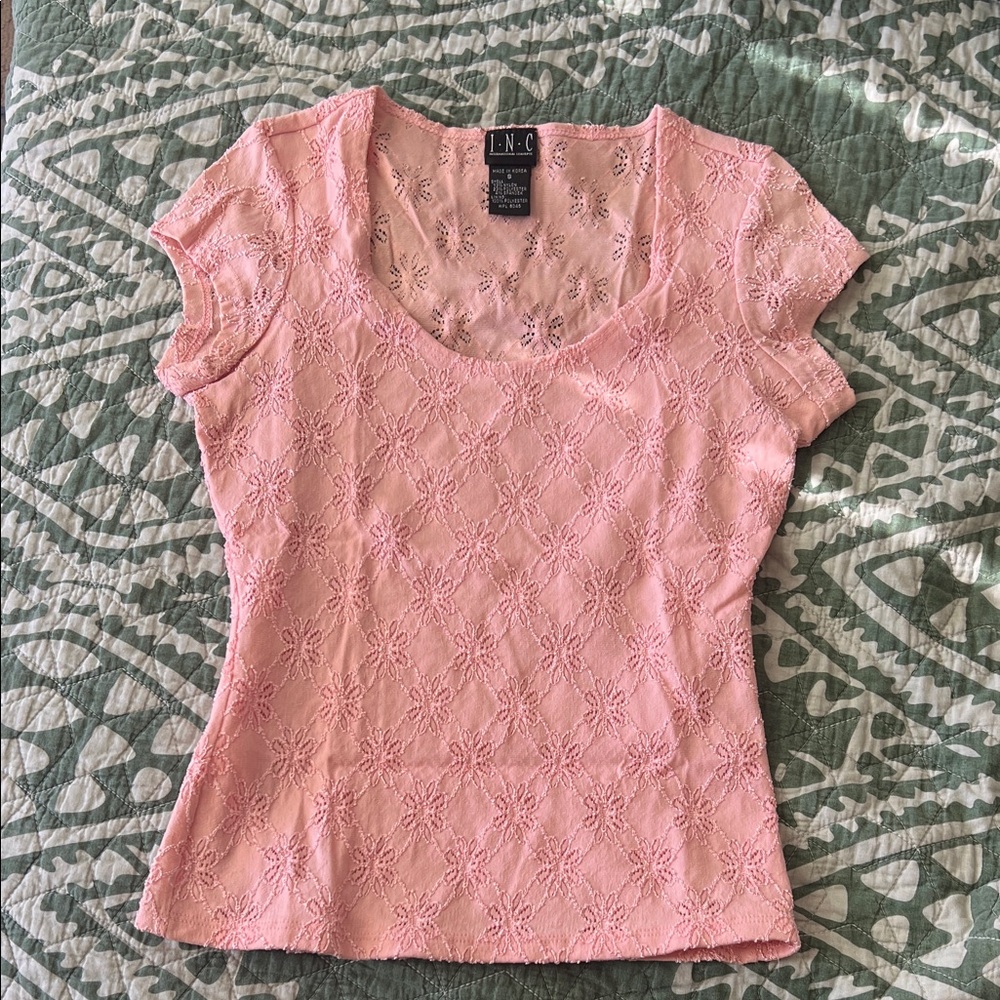 INC International Concepts Pink Lace Scoop Neck Short Sleeve Tee